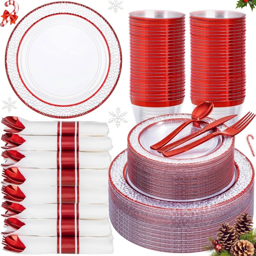 Ciaell 350 PCS Clear and Red Plastic Plates - Red Dinnerware Set for 50 Guests Include 100 Plastic Plates, 50 Pre Rolled Napkins with Cutlery Set, 50 Cups for Wedding & Party & Anniversary & Christmas