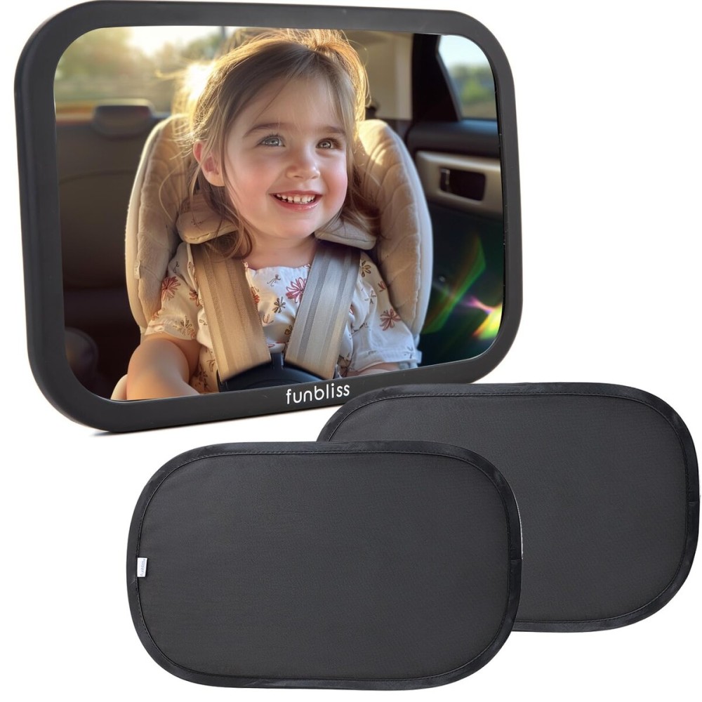 Funbliss Bar Mirror for Baby + 2 Pack Car Window Shades Bundle (19  12), UPF 50+ Window Shade for Baby in Car, 360 Rotation Fully-Adjustable Straps