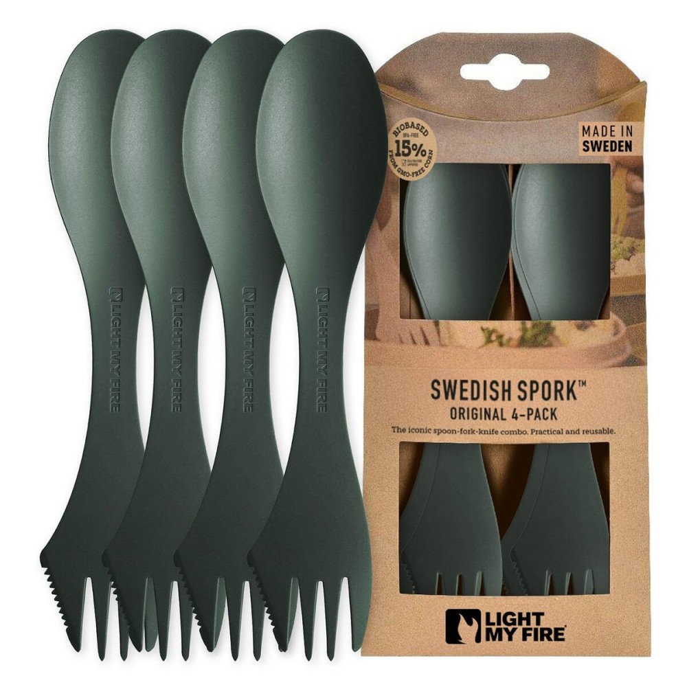 Light My Fire Spork Original 4-Pack 3-in-1 Camping Spoon Fork Knife Combo Reusable Travel & Camping Utensils Lunch Spork Outdoor Backpacking Hiking Picnic Utensil BPA Free, SageGreen