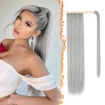 BARSDAR Wrap Around Straight Ponytail Extensions - 18 Inch Long Straight Gray Ponytails for Women, Clip in Ponytail Hair Extensions Synthetic Pony Tails Hairpieces Daily - Silver Grey