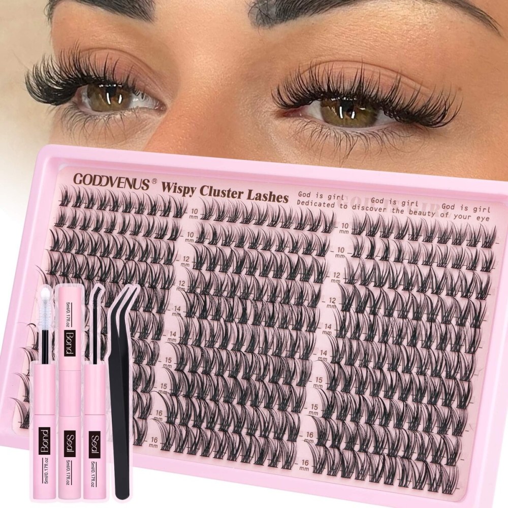 Goddvenus Lash Clusters Kit Wispy Eyelash Clusters Lashes Natural DIY Lash Extension Kit 10-16mm Cluster Eyelash Extensions Kit 300pcs C Curl Individual Lashes Cluster Eyelash (With Tweezers)