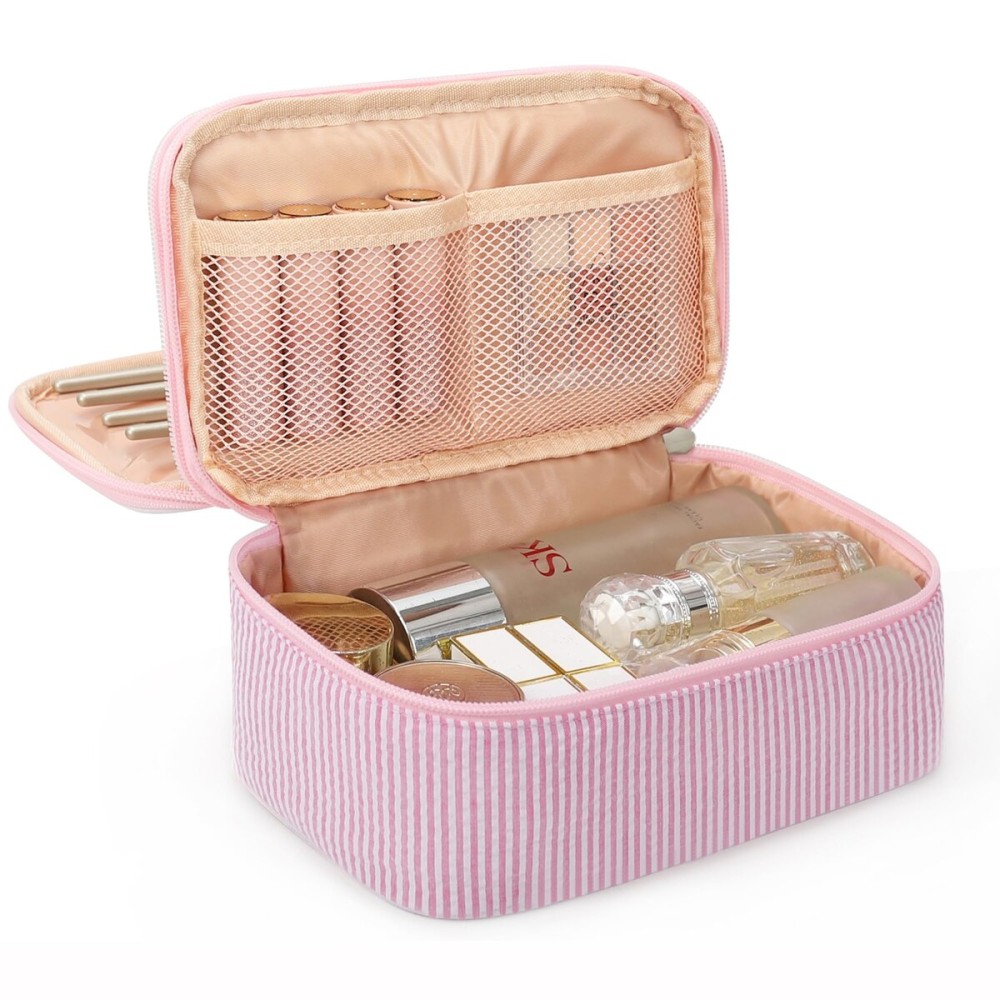 Relavel Cute Makeup Bag for Girls, Portable Pink Cosmetic Bag, Dual-layer Makeup Pouch with Brush Holder, Multi-Functional Preppy Toiletry Organizer for Travel, Daily Use - Pink Strip