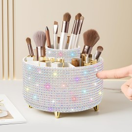 Diesisa Bling Diamond 360 Makeup Brush Holder Organizer, Rotating Makeup Brush Organizer,5 Slot Make up Brushes Cup for Cosmetics, Vanity Desktop Organizer, Gift for Women Teen Girls- Diamond White