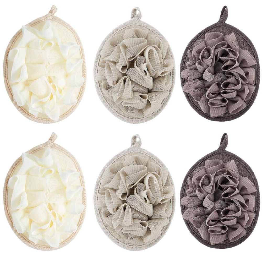 Boao 6 Pcs Bath Shower Pouf Sponge Mesh Pouf Shower Ball Exfoliating Body Sponge Pad Scrubber Glove with Flower Bath Ball (Khaki,Dark Brown,Beige)