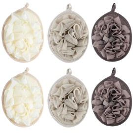 Boao 6 Pcs Bath Shower Pouf Sponge Mesh Pouf Shower Ball Exfoliating Body Sponge Pad Scrubber Glove with Flower Bath Ball (Khaki,Dark Brown,Beige)