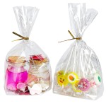 PigPotParty Cellophane Treat Bags 7x10, 50 Pack Clear Goodie Bags, Bottom Gusset for Stand-Up Display, Small Plastic Gift Wrap for Cookies, Candy, Party Favors, Popcorn, Includes 50 Gold Ties