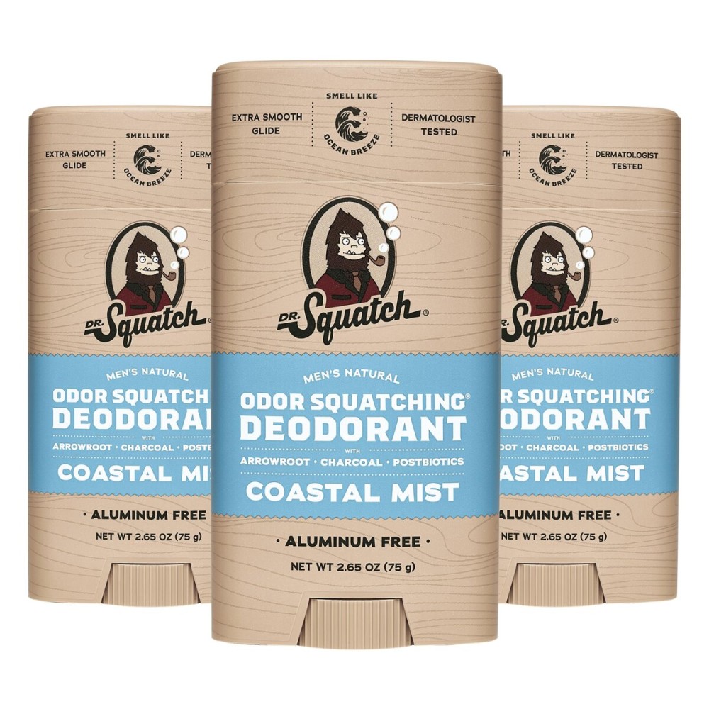 Dr. Squatch Natural Deodorant for Men - Odor-Squatching Aluminum Free - Coastal Mist (2.65 oz, 3-Pack)