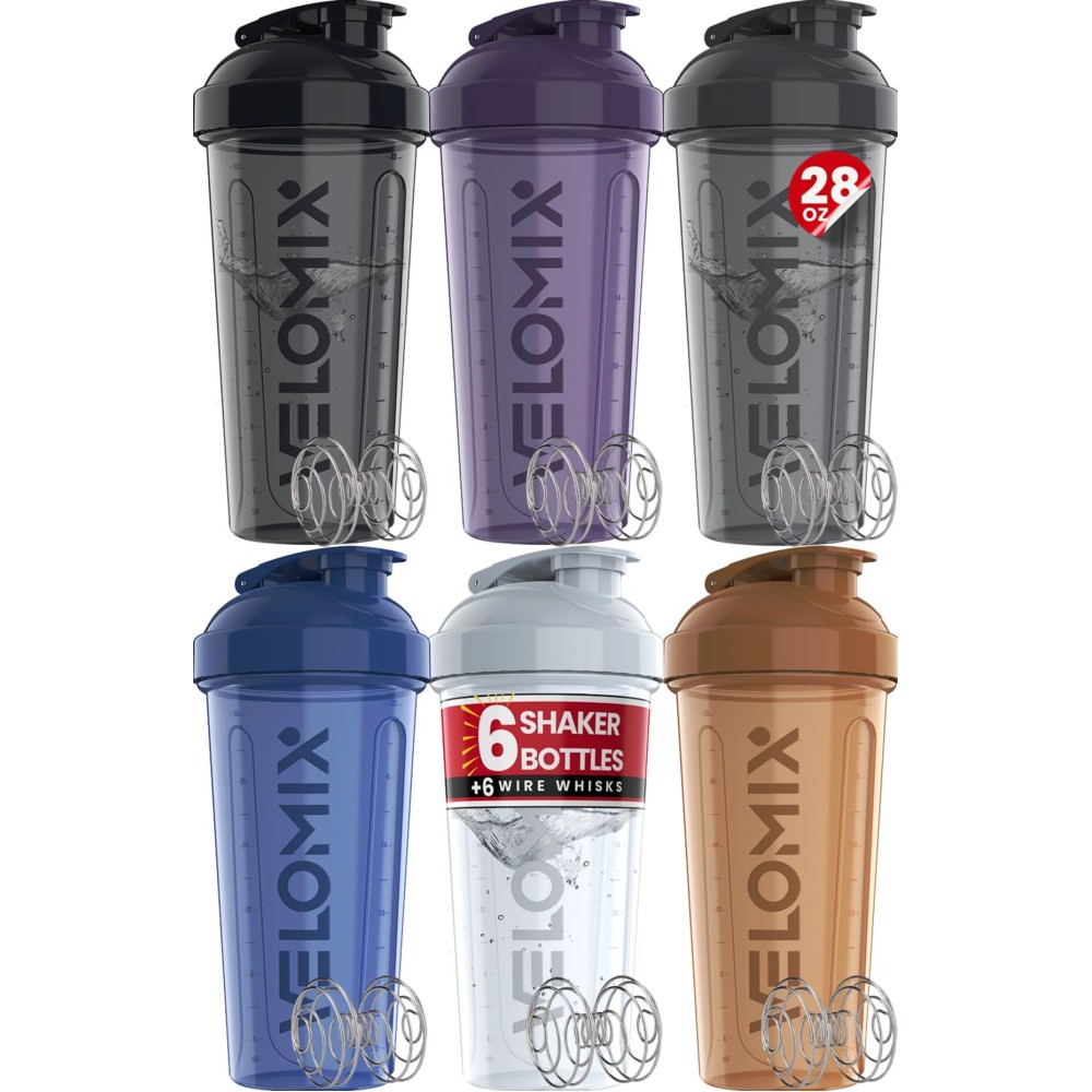 VELOMIX -6 PACK- 28 oz Protein Shaker Bottle for Protein Mixes - 6x Wire Whisk | Leak Proof Shaker Cups for Protein Shakes | Protein Shaker Bottle Pack | Protein Shake Cup (Elemental Mix)