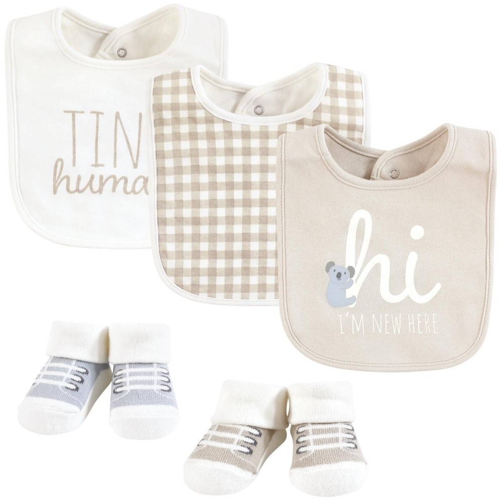 Hudson Baby Cotton Bib and Sock Set, New Here, One Size