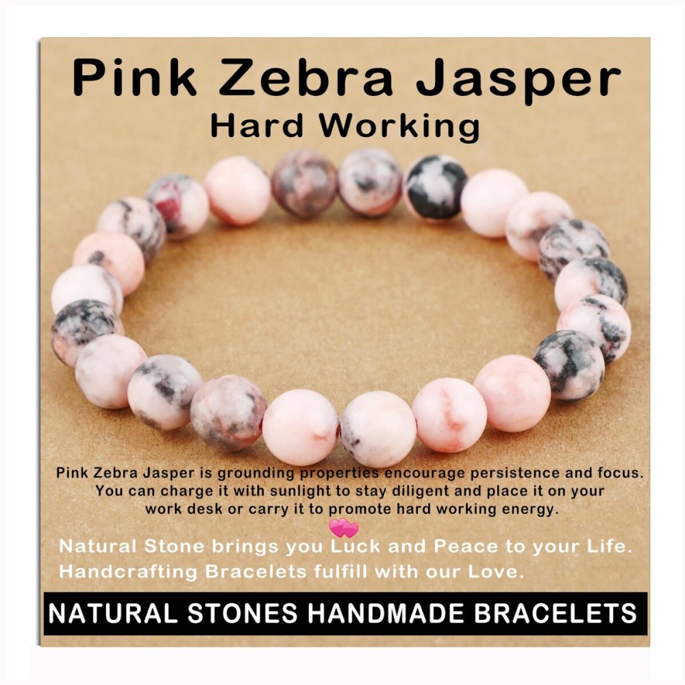 AD Beads Handmade Gemstone Stretch Elastic Bracelet Crystal Healing Reiki Nature\'s Beauty and Spiritual Essence Unisex (8mm, Pink Zebra Jasper (Hard Working))