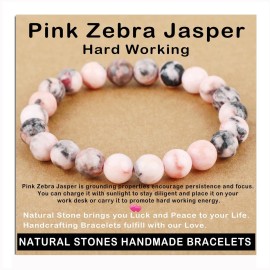 AD Beads Handmade Gemstone Stretch Elastic Bracelet Crystal Healing Reiki Nature\'s Beauty and Spiritual Essence Unisex (8mm, Pink Zebra Jasper (Hard Working))