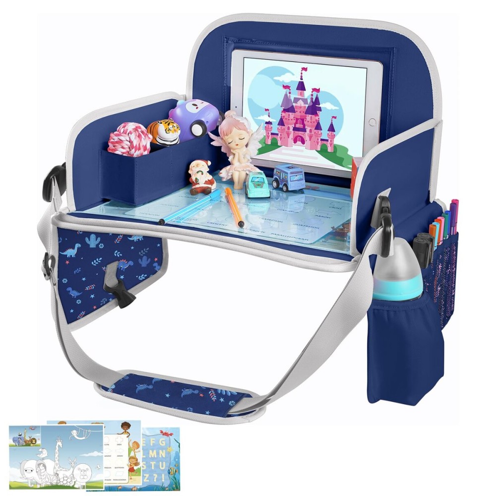 MENZOKE Kids Travel Tray for Toddler Car Seat, Toddler Gift for Boy Activities with Dry Erase Board & iPad Holder Stand, Road Trip Essentials Accessories Lap Tray for Boy as Birthday Gift, Dark Blue