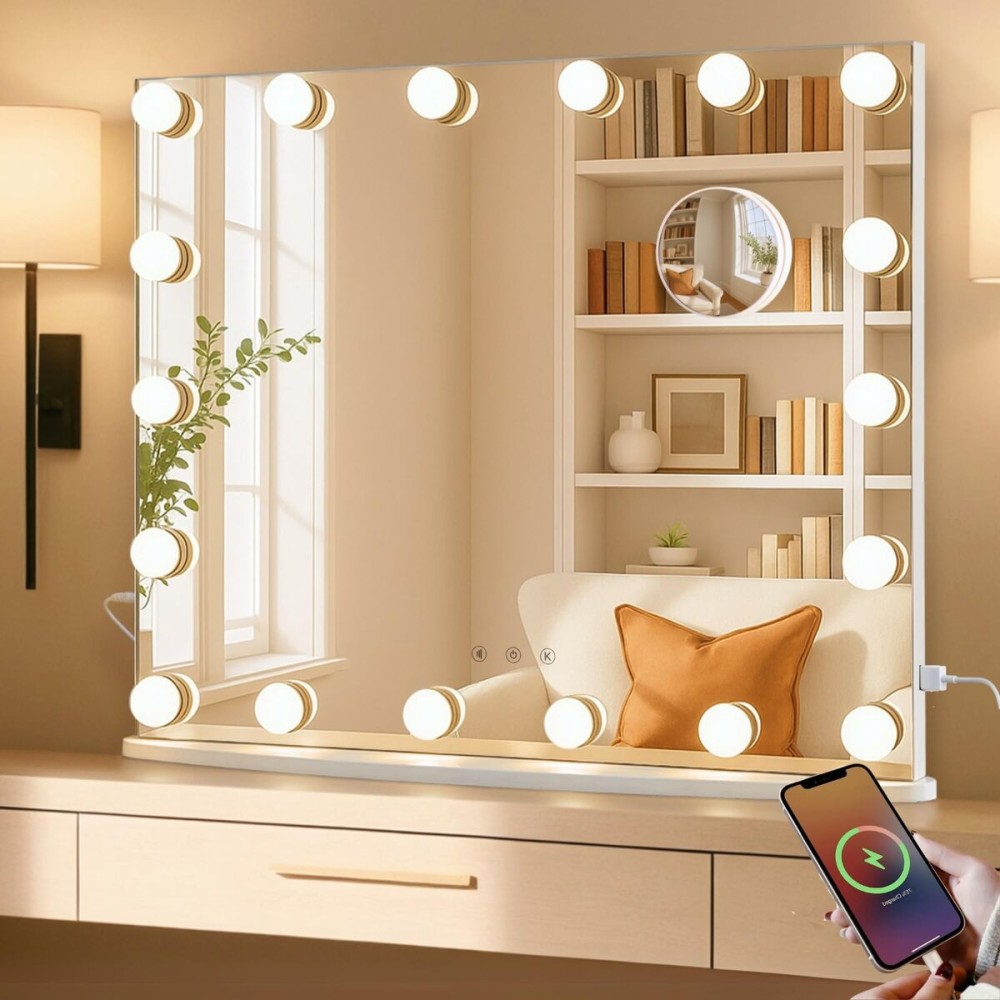 LUXFURNI Vanity Mirror with Lights, 23.6 x 20.5 Hollywood Mirror, Light Up Makeup Mirror with 18 LED Bulbs for Bedroom, 3 Color Lighting Modes, Tabletop & Wall Mount, USB Charging Port