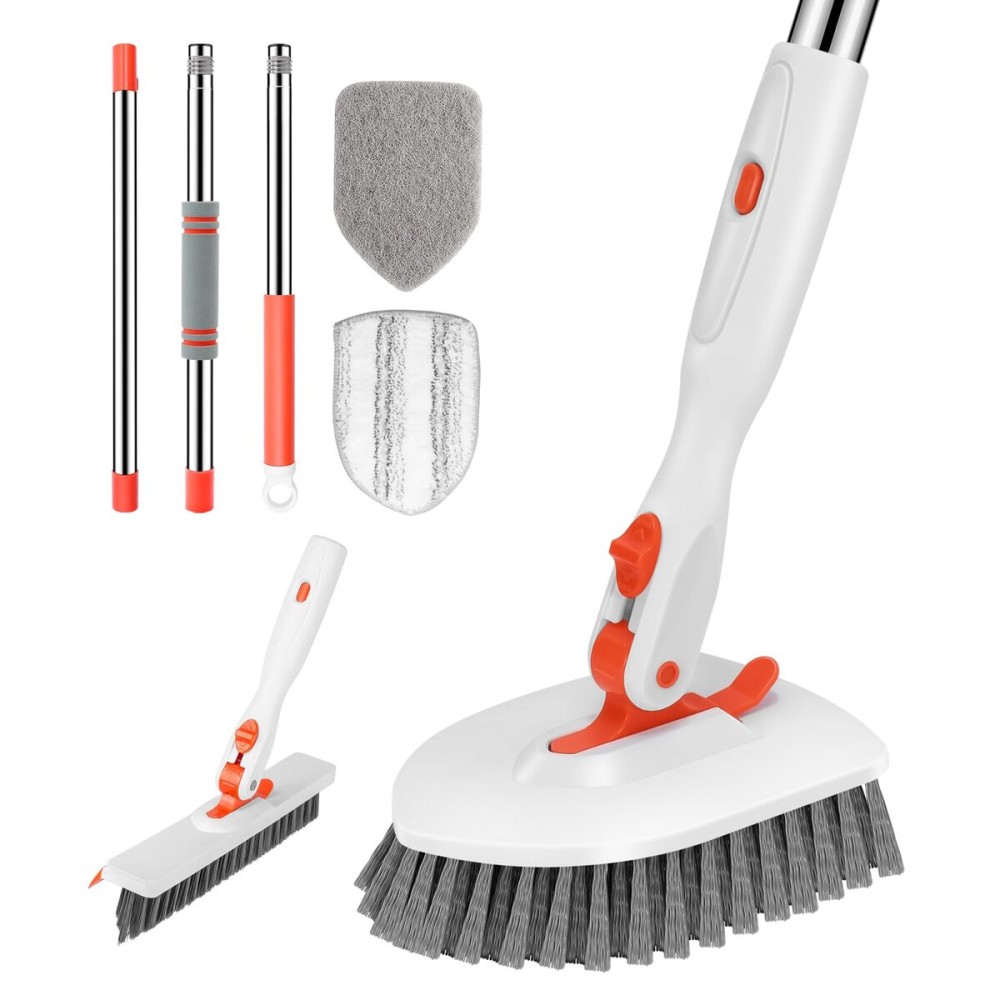 SetSail 4-in-1 Tile Tub Floor Scrubber with 52-inch Adjustable Long Handle Shower Cleaner Brush with V-Shaped Grout Brush and 3 Replacement Brush Heads for Cleaning Bathroom Kitchen Walls Tub Tile