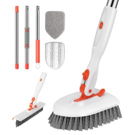 SetSail 4-in-1 Tile Tub Floor Scrubber with 52-inch Adjustable Long Handle Shower Cleaner Brush with V-Shaped Grout Brush and 3 Replacement Brush Heads for Cleaning Bathroom Kitchen Walls Tub Tile
