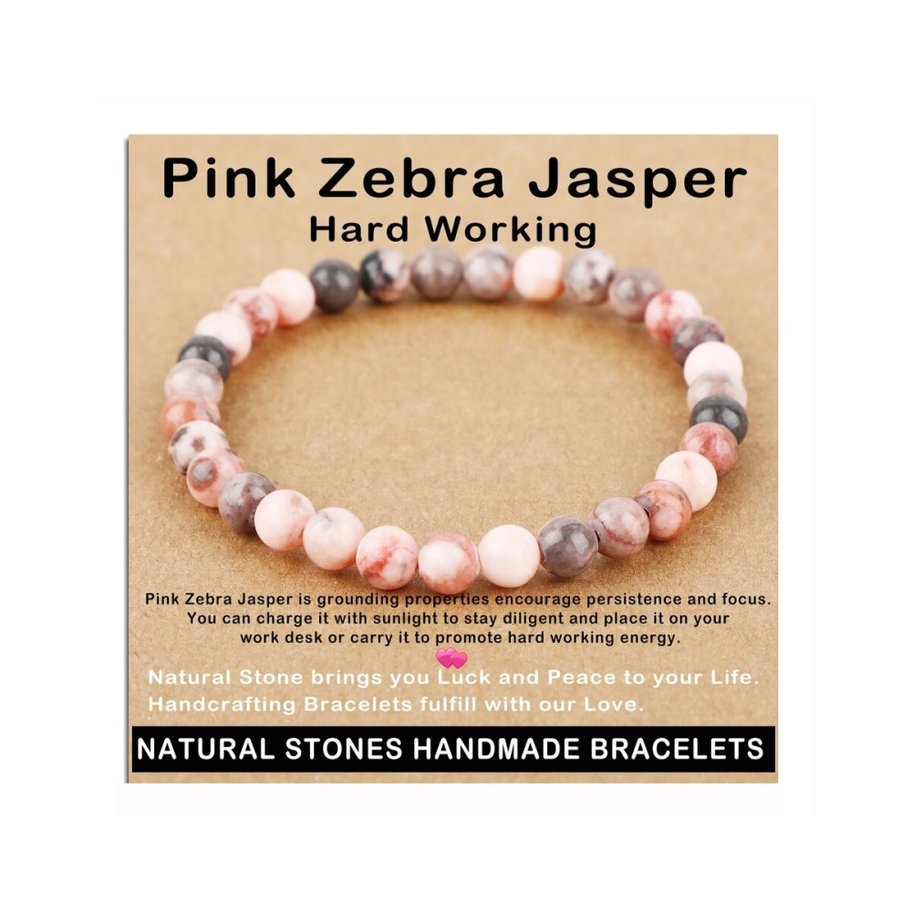 AD Beads Handmade Gemstone Stretch Elastic Bracelet Crystal Healing Reiki Nature\'s Beauty and Spiritual Essence Unisex (6mm, Pink Zebra Jasper (Hard Working))