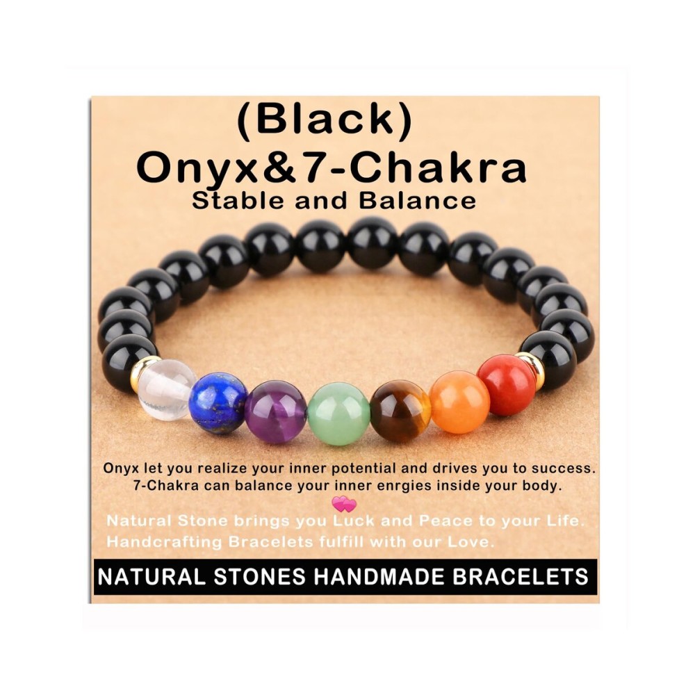 AD Beads Handmade Gemstone Stretch Elastic Bracelet Crystal Healing Reiki Nature\'s Beauty and Spiritual Essence Unisex (8mm, Onyx & 7-Chakra (Stable and Balance))