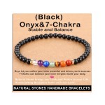 AD Beads Handmade Gemstone Stretch Elastic Bracelet Crystal Healing Reiki Nature\'s Beauty and Spiritual Essence Unisex (4mm, Onyx & 7-Chakra (Stable and Balance))