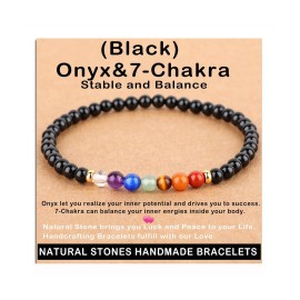 AD Beads Handmade Gemstone Stretch Elastic Bracelet Crystal Healing Reiki Nature\'s Beauty and Spiritual Essence Unisex (4mm, Onyx & 7-Chakra (Stable and Balance))