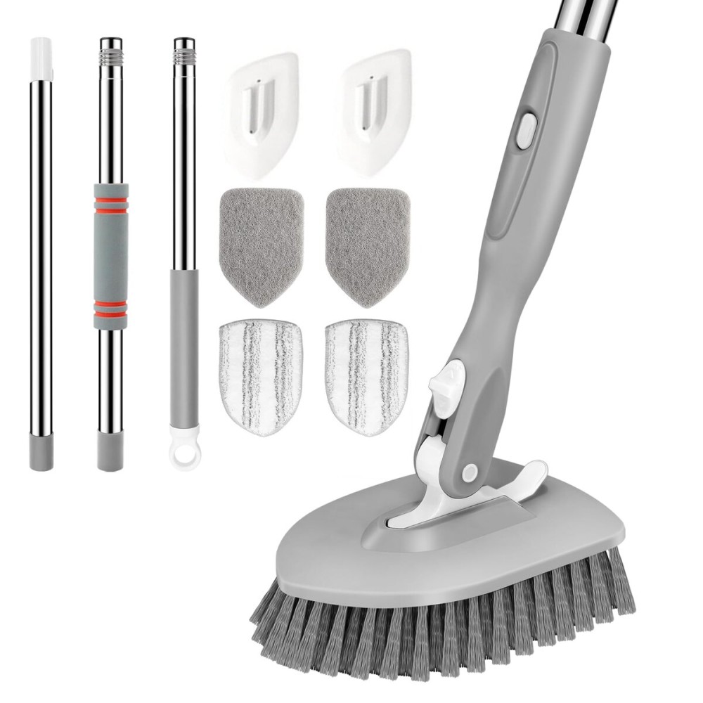 SetSail Floor Scrub Brush, 3-In-1 Tile Tub Floor Scrubber with 52-inch Adjustable Long Handle Shower Cleaner Brush and 4 Detachable Replacement Brush Heads for Cleaning Bathroom Kitchen Tub Tile, Grey