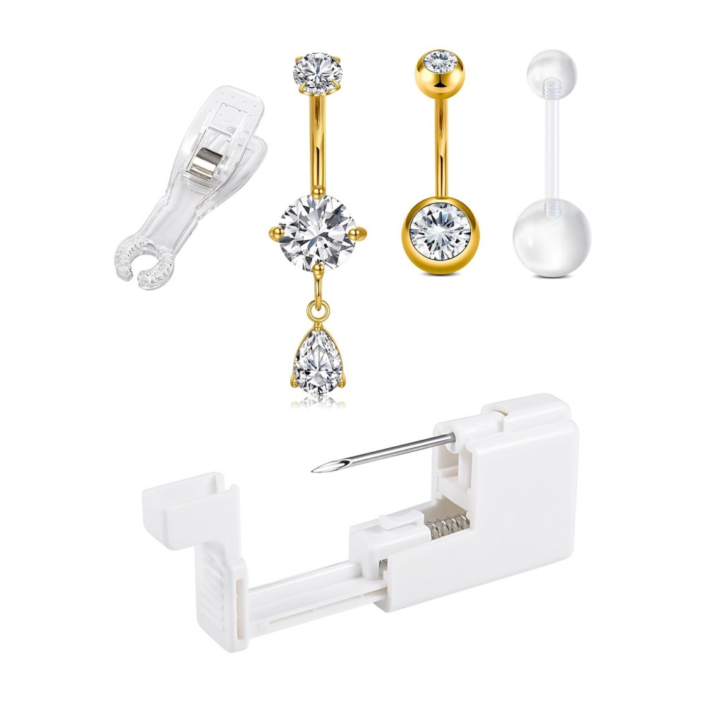 QWALIT Belly Button Piercing Kit Belly Piercing Kits Gold Belly Button Piercing Gun Self Belly Piercing Gun with Surgical Steel Dangling Belly Rings at Home