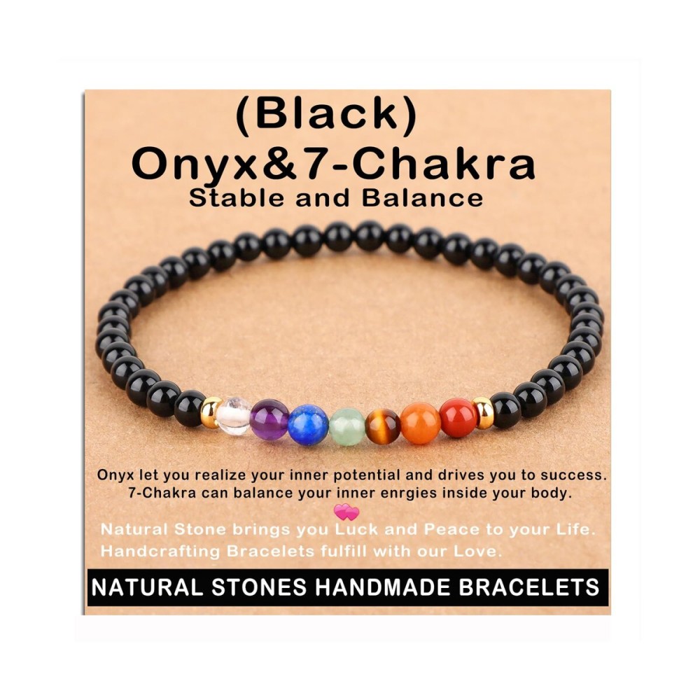 AD Beads Handmade Gemstone Stretch Elastic Bracelet Crystal Healing Reiki Nature\'s Beauty and Spiritual Essence Unisex (6mm, Onyx & 7-Chakra (Stable and Balance))