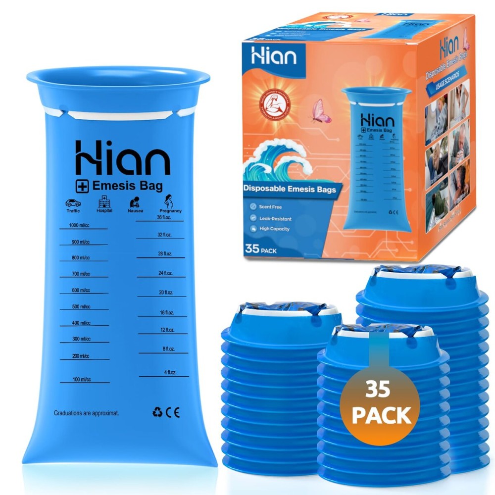 Hion Vomit Bags Disposable - 35 Pack 1000ml Emesis Bags - Leak Resistant, Medical Grade, Portable - Perfect for Motion, Car & Aircraft Sickness, Pregnant Women