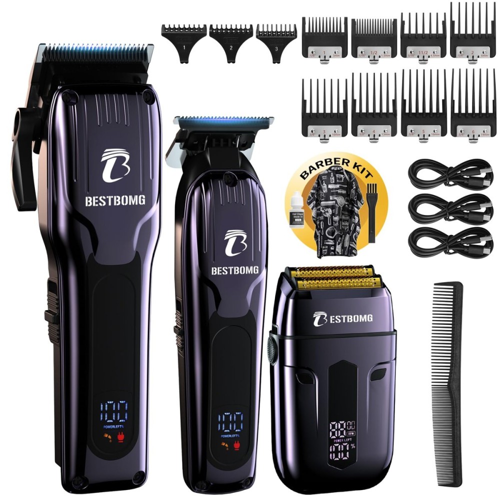 BESTBOMG Hair Clippers for Men, Professional Hair Clippers, Beard Trimmer& Rechargeable Shaver Set, Metal T-Blade, LED Display, Barber Hair Cutting Kit for Men Grooming & Gifts, BS-808C (Blue)