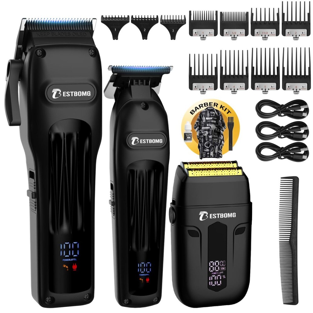 BESTBOMG Hair Clippers for Men, Professional Hair Clippers, Beard Trimmer& Rechargeable Shaver Set, Metal T-Blade, LED Display, Barber Hair Cutting Kit for Men Grooming & Gifts, BS-808A (Black)