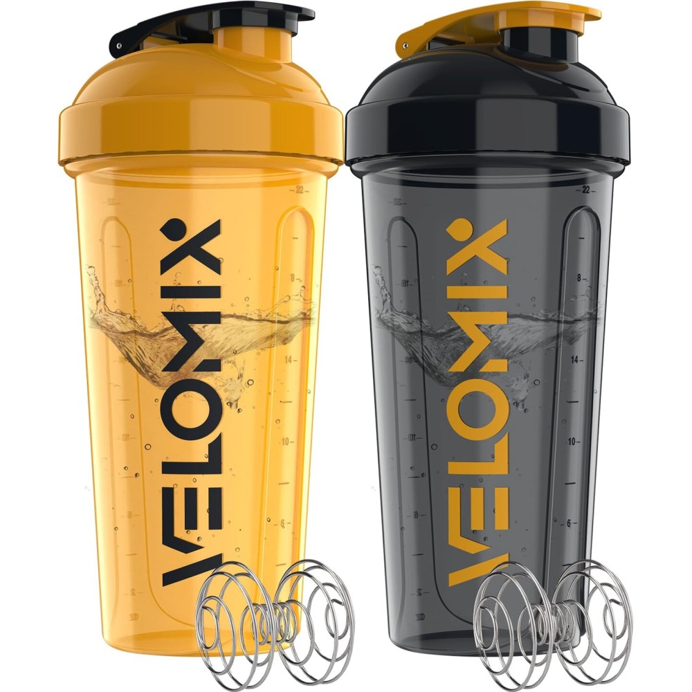 VELOMIX -2 Pack- 28 oz Protein Shaker Bottles for Protein Mixes - 2x Wire Whisk | Leak Proof Shaker Cups for Protein Shakes | Protein Shaker Bottle Pack (Golden Stone)
