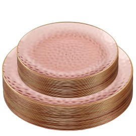 PLASTICPRO 64 Piece Combo Plates Set includes 32-7\'\' inch Plates & 32-10\'\' inch Dishes Rose Hammered Plastic PartyPlates Premium heavyweight Elegant, Disposable, Tableware, Dishes,
