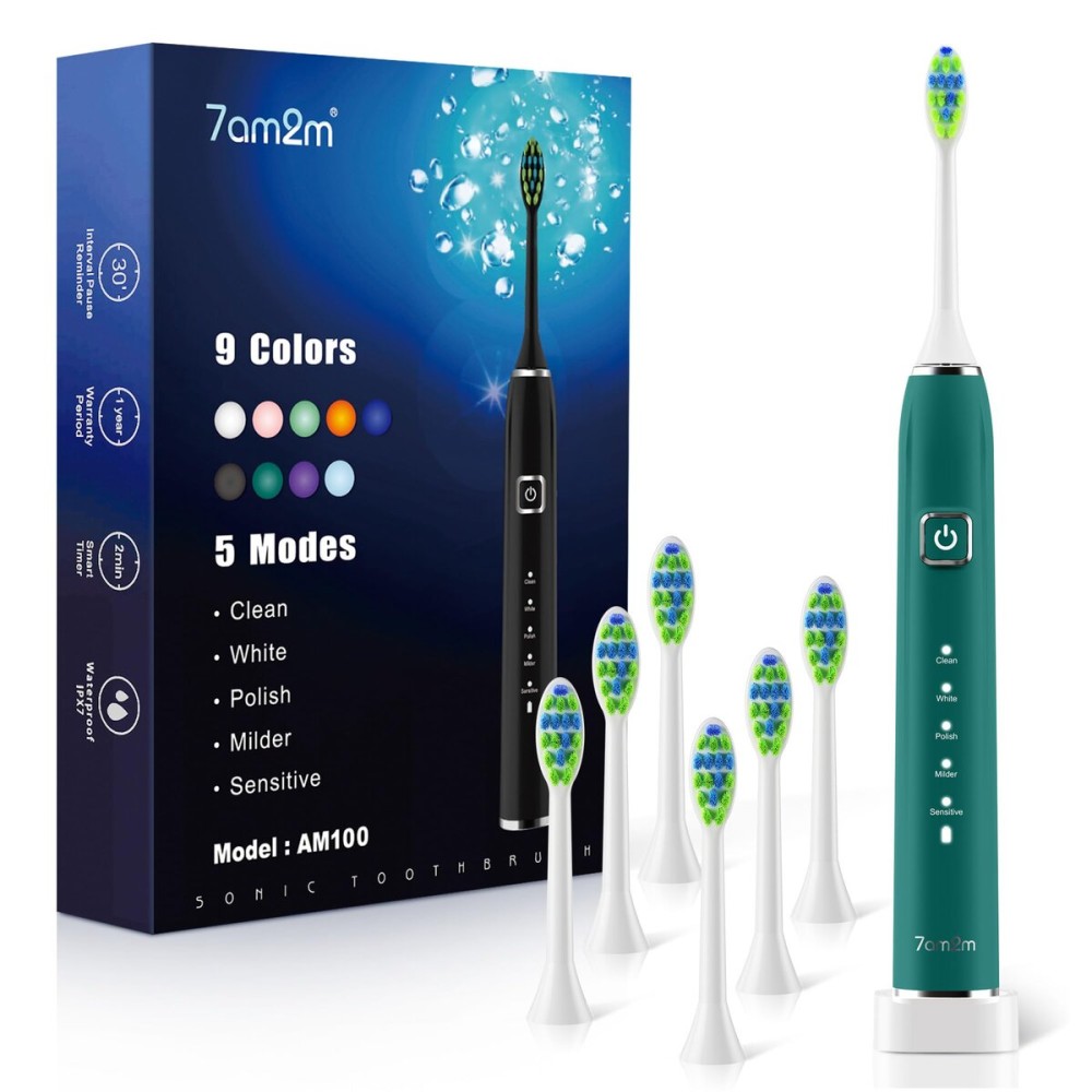 7AM2M Sonic Electric Toothbrush with 6 Brush Heads for Adults&Kids, One Charge for 120 Days, Wireless Fast Charge, 5 Modes, 40000VPM Powered Toothbrush, 2 Minutes Built in Smart Timer - Peacock Green