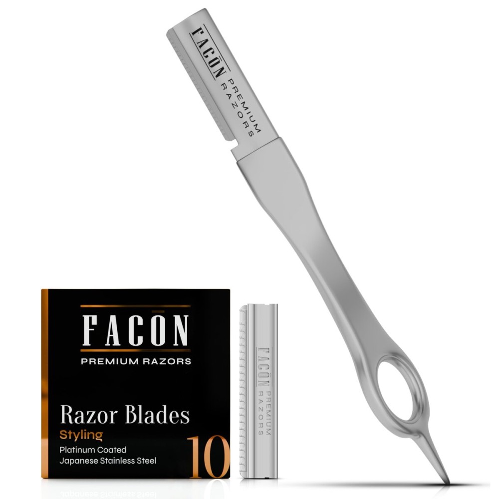 Facn Beard Razor for Men - Professional Beard Shaping Tool Grooming Kit with 11 Replacement Blades, Mustache Shaper, Edger & Lineup, Premium Precision Straight Edge Razor 100% Stainless Steel Blade