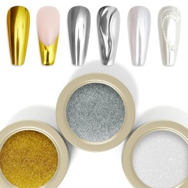 Laza 3 Colors Chrome Nail Powder Mirror Effect Metallic Dust Holographic Glitter Glazed Manicure Decoration Reflective Pigment for DIY Gel Polish Nail Art, Resin Craft, Gifts - Gold Silver Pearl