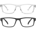 Kitchasy 2 Pack Reading Glasses,Upgraded TR Blue Light Blocking Reading Glasses,Filter UV Ray/Glare Computer Readers,Stylish Lightweight Spring Hinges Eyeglasses for Women Men(Black/Transparent,1.25)