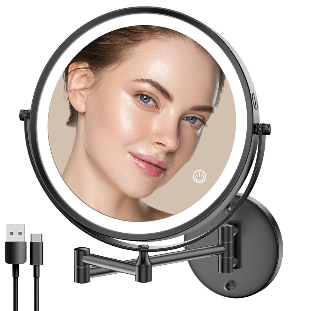 Rocollos 9 Wall Mounted Lighted Makeup Mirror, Large Double Sided 1X/10X Magnifying Mirror, 3 Color LED Vanity Mirror, Touch Dimmable 360 Swivel Light Up for Bathroom