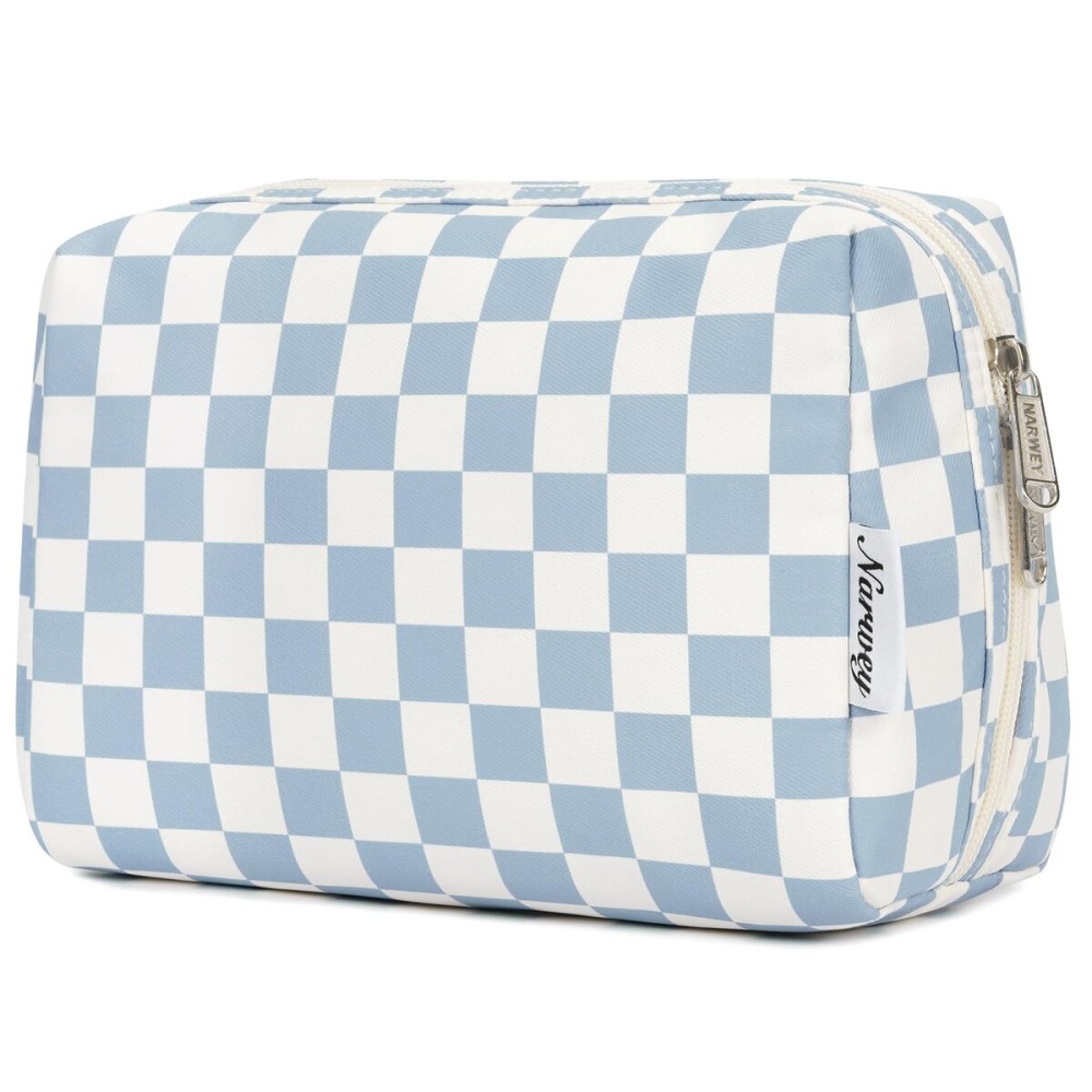 Narwey Checkered Makeup Bag Travel Cosmetic Bag Organizer Toiletry Bag Make Up Bags with Compartments for Women Girls((Large, Sky Blue Checkerboard)