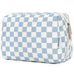 Narwey Checkered Makeup Bag Travel Cosmetic Bag Organizer Toiletry Bag Make Up Bags with Compartments for Women Girls((Large, Sky Blue Checkerboard)