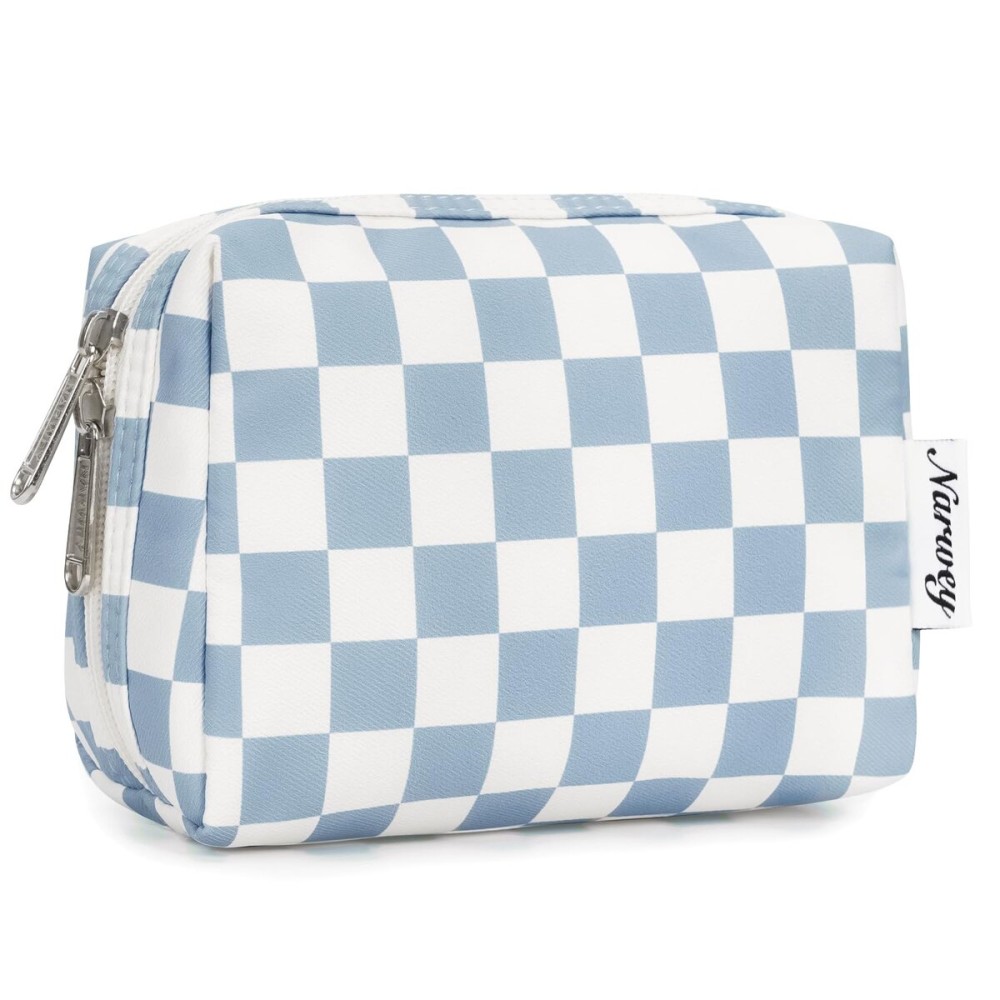 Narwey Small Checkered Makeup Bag for Purse Mini Cosmetic Bag Travel Makeup Pouch Zipper Pouch Cute Make up Bags with Compartments for Women Girls(Small,Sky Blue Checkerboard)