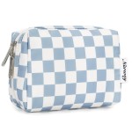 Narwey Small Checkered Makeup Bag for Purse Mini Cosmetic Bag Travel Makeup Pouch Zipper Pouch Cute Make up Bags with Compartments for Women Girls(Small,Sky Blue Checkerboard)