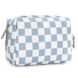 Narwey Small Checkered Makeup Bag for Purse Mini Cosmetic Bag Travel Makeup Pouch Zipper Pouch Cute Make up Bags with Compartments for Women Girls(Small,Sky Blue Checkerboard)