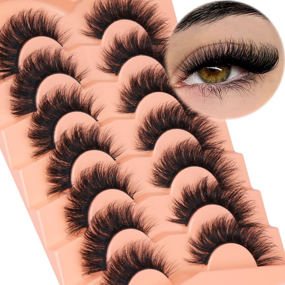 Kiromiro Mink Lashes False Eyelashes 18mm 3D Volume Cat Eye Lashes Faux Mink Eyelash Wispy Fake Eyelashes Thick Strips Lash Pack, 7 Pairs