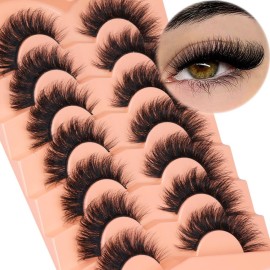 Kiromiro Mink Lashes False Eyelashes 18mm 3D Volume Cat Eye Lashes Faux Mink Eyelash Wispy Fake Eyelashes Thick Strips Lash Pack, 7 Pairs