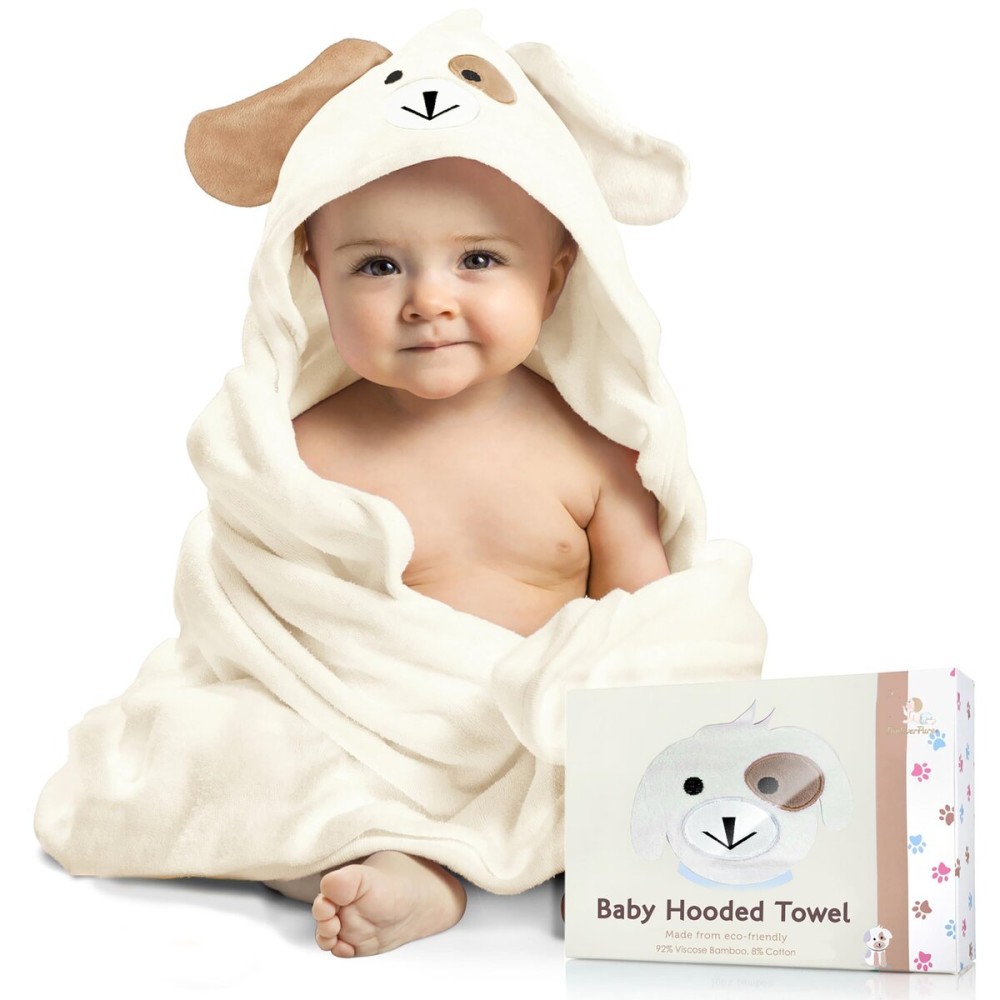 FOREVERPURE Baby Towels with Hood - Soft, Absorbent Viscose Made of Bamboo, Extra Large 35 x 35 Inches, for Newborns, Infants, Boys and Girls, Cream