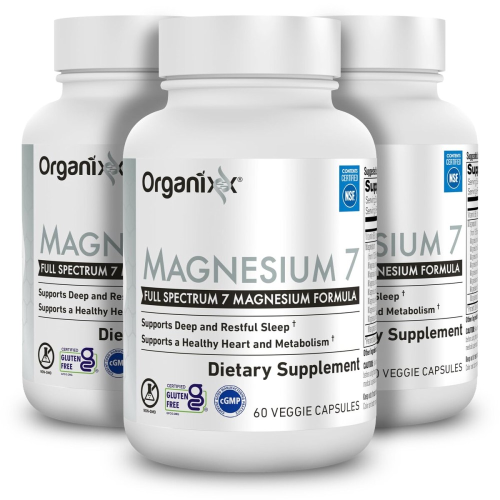 Organixx Magnesium 7 Supplement, Natural Magnesium Capsules for Sleep Support, Muscle Recovery, with Vitamin B6 and Manganese Citrate and Glycinate, Vegan, Non GMO, 180 Count (60 Capsule 3 Pack)