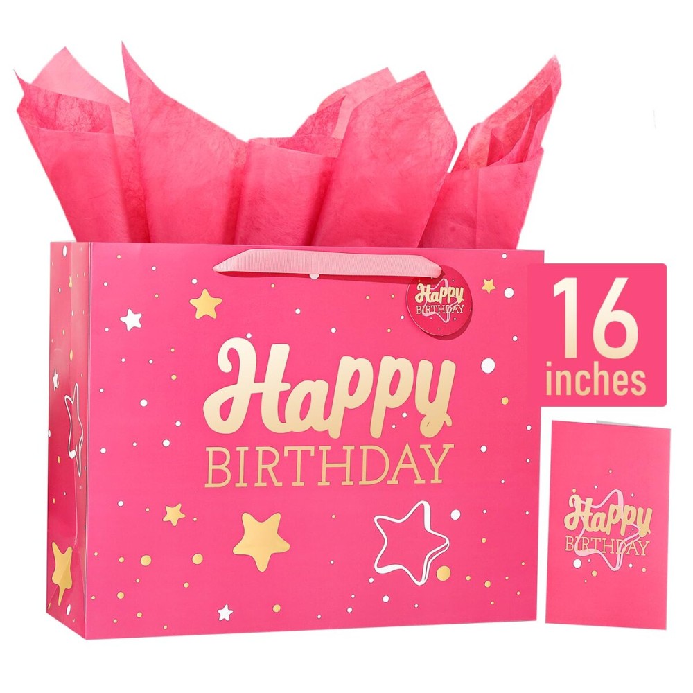16 Pink Happy Birthday Gift Bag with Tissue Paper and Greeting Card for Party,Happy Birthday Gift Bag for Men Women,Gift Bags Extra Large(1 PCS Pink Hot Stamping)
