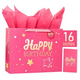 16 Pink Happy Birthday Gift Bag with Tissue Paper and Greeting Card for Party,Happy Birthday Gift Bag for Men Women,Gift Bags Extra Large(1 PCS Pink Hot Stamping)