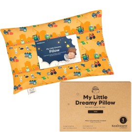 Mini Toddler Pillow with Pillowcase - 9x13 My Little Dreamy Travel Kids Pillow for Sleeping, Toddler Bed, Small, Tiny, Organic Cotton Pillowcase, Soft & Breathable,Kids 2-4 Years Old (Little Builders)