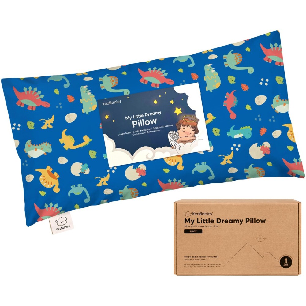 Toddler Pillow with Pillowcase - 10x18 My Little Dreamy Kids Travel Bed Pillows for Sleeping, Organic Cotton Small Pillowcase, Soft & Breathable, Machine Washable, Toddlers 2-5 Years Old (DinoWorld)