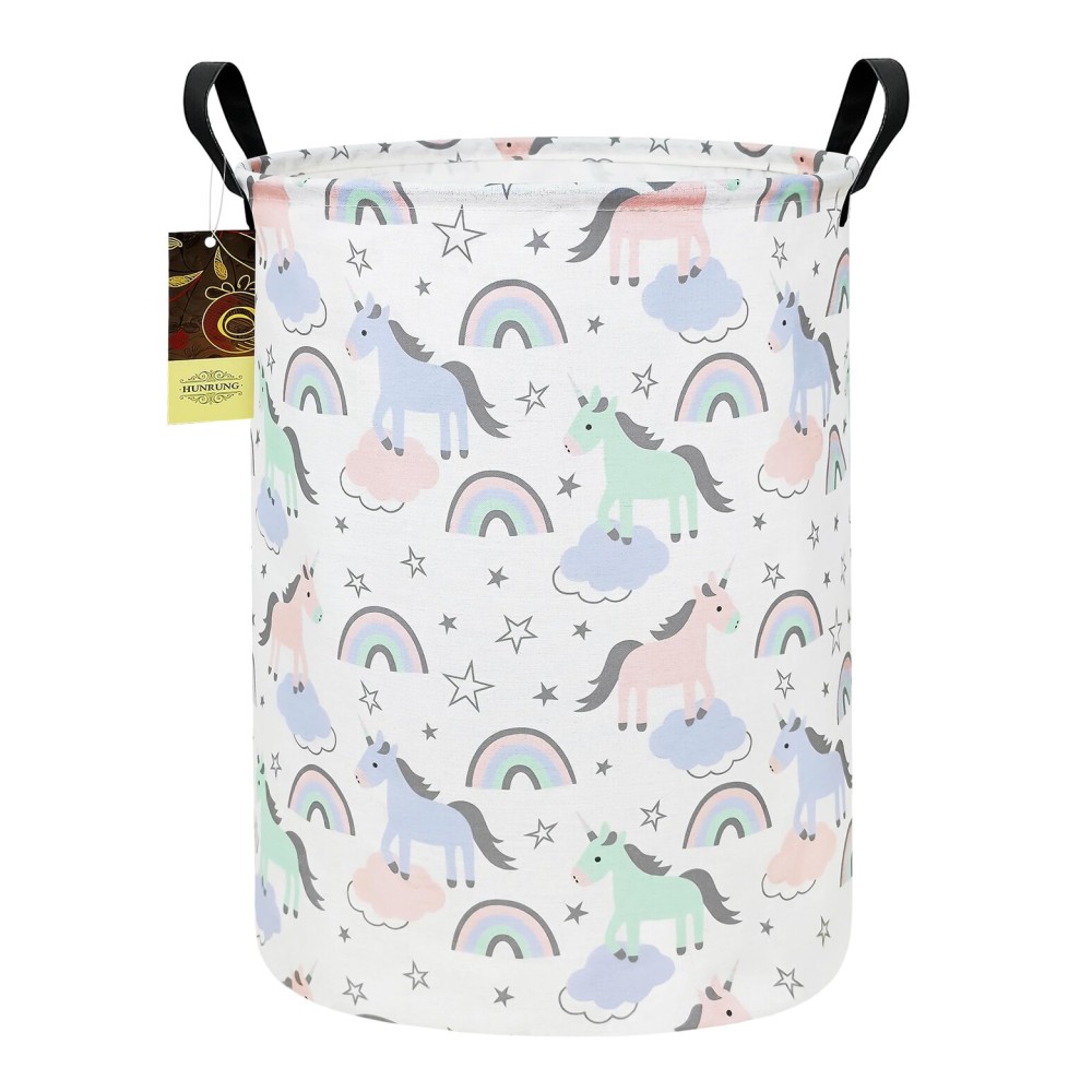 HUNRUNG Laundry Hamper,Large Canvas Fabric Lightweight Storage Basket Toy Organizer Dirty Clothes Collapsible Waterproof for College DormsRound-Star Unicorn
